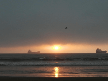 <img src="playa-vista-atardecer.jpg" alt="Vista al mar al atardecer desde la playa de La Serena, con dos barcos en el horizonte">